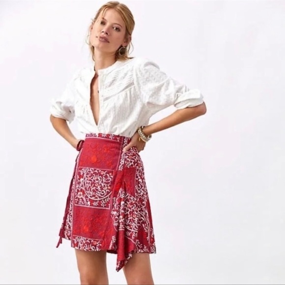 Anthropologie Dresses & Skirts - Anthropologie red embroidered boho floral bohemian wrap skirt size 14